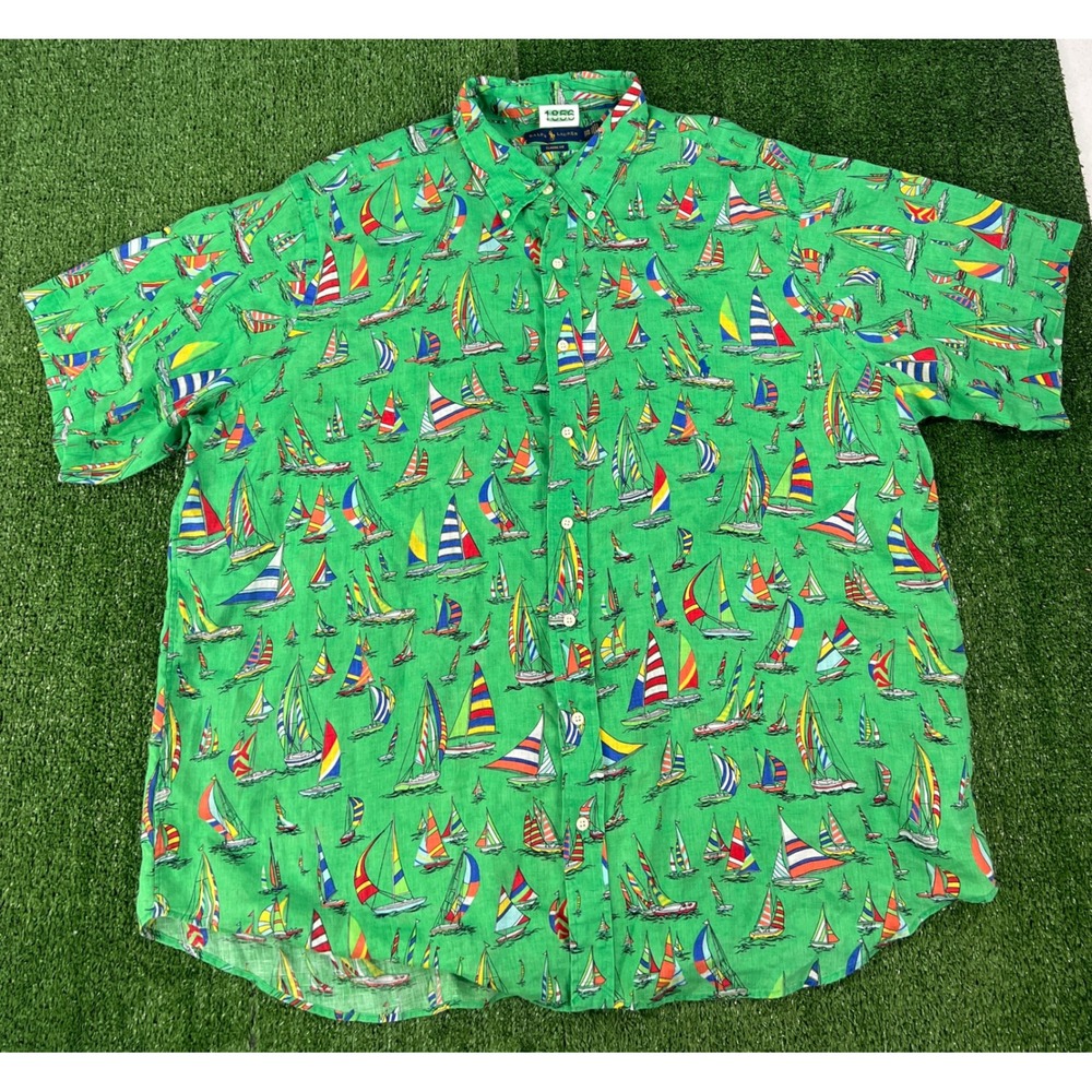 Polo Ralph Lauren Mens 2XB Green Sailboat Print Linen Short Sleeve Shirt 2TG